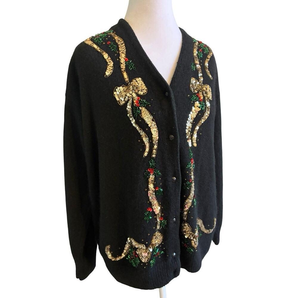 VTG 90s Black Silk Christmas Cardigan Sequin Beaded Jewels Luxury Plus Sz 2X - Picture 8 of 16
